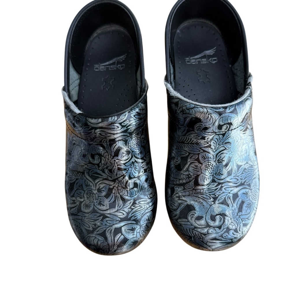 Dansko Black, Blue and Gray Floral Clogs Size 6